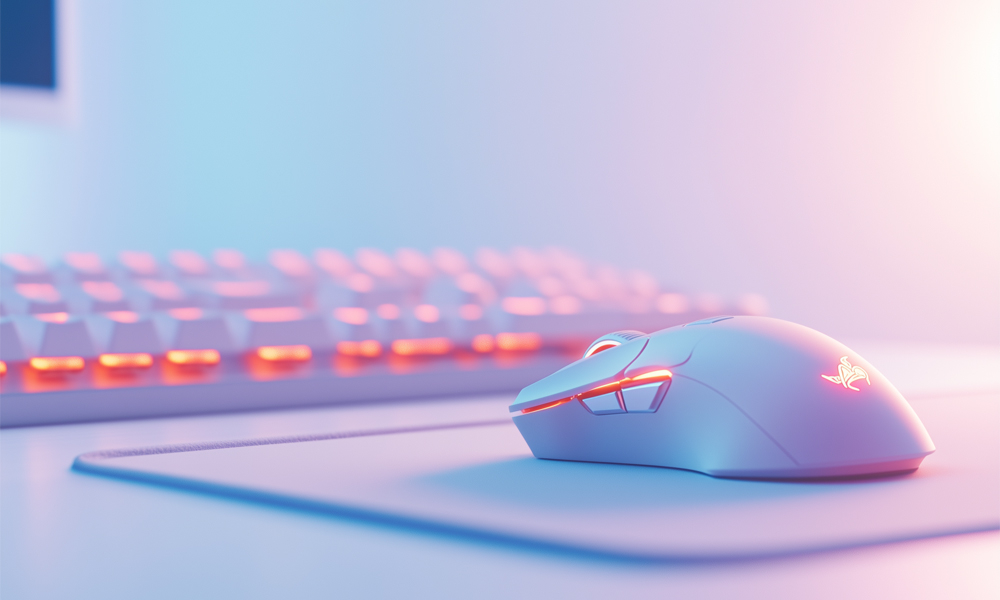Gaming setup featuring a keyboard, mouse, and gaming chair.
