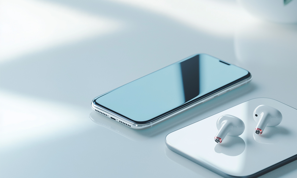 Smartphones and accessories on display, including chargers and cases.